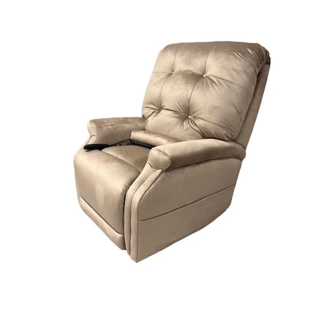 The beige Journey Perfect Sleep Reclining Lift Chair with Heat features a plush tufted backrest, soft cushions, and armrest controls for luxurious comfort. It offers therapeutic heat and massage, set against a white background to invite relaxation.